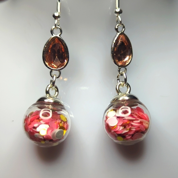 Peachy Pink Rhinestone and Glitter Ball Earrings - Picture 2 of 2